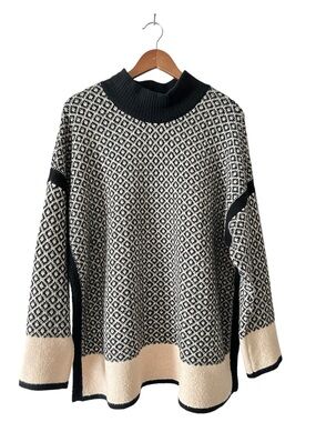 J. Jill Women’s XL Black & Cream Geometric Mock Neck Knit Pullover Sweater